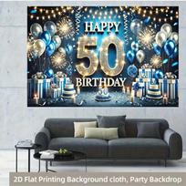 2D 50th Birthday Party Backdrop Blue Silver Balloon & Cake Happy Birthday Photo Booth Background 70.9x43.3inch/180*110cm gray