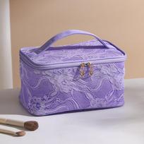 Elegant Portable Makeup Bag Large Capacity Lace Travel Toiletry Pouch with Handle Floral Pattern Handbag for Women