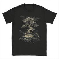 Men's Zen Bonsai Tree T-Shirt 100% Cotton Loose Fit Short Sleeve Shirt with Japanese Miniature L gray