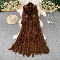 French stunning light and familiar wind lace-up V-neck dress for women's autumn vacation layers of ruffle leaf edge fairy elegant long dress XXL gray