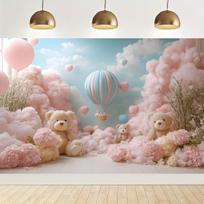 Hot air balloon and cloud design with bear dolls, pink and blue themed party decorations, birthday party background decorations 59×39inch/150*100cm