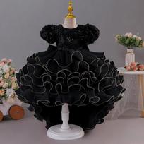 Girls Princess Flower Girl Dress Puff Sleeve Cake Prom Gown 160cm black