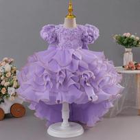Girls Princess Flower Girl Dress Puff Sleeve Cake Prom Gown 160cm gray