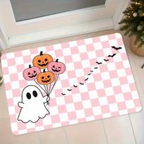Pink Plaid Ghost Pumpkin Balloon Bat Print Flannel Rug Entrance Door Mat Bedroom Hallway Anti-Slip Foot Mat 1pc 43X75CM