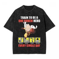 One Punch-Man Saitama's Gym Funny Graphic T Shirts Washed Oversized T-Shirts Men Women Clothing Short Sleeve Cotton Soft Tees S black