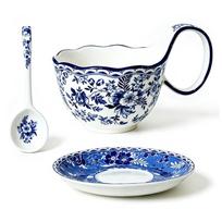 Soup Cup Bowl with Rounded Side Grip, 500Ml Blue Flower Table Dish and Matching Spoon for Everyday Home Dining Meals