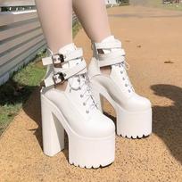 Fashion 15CM Winter Fashion Platform Lace-up Buckle Zipper White and Black Women's High Heel Ankle Boots Party Dancing Shoes 34
