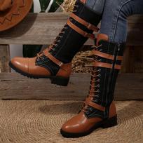 Fall New Round Toe Paneled Denim Lace-Up Front Side Zip Platform Non-Slip Wear-Resistant Block Heel Tall Boots 43 black