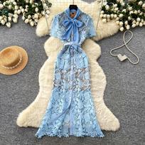 French light luxury heavy industry short-sleeved lace dress women's summer lapel hollow waist thin commuting elegant long dress XXL mėlyna