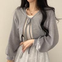 White Knitted Cardigan Women Summer Thin Sunscreen Lace-Up Knitwear Tops Female Korean Style Lantern Sleeve Short Coat 2XL pilka