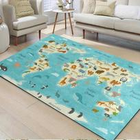 Animal World Map Educational Print Large Area Rug Soft Flannel Non Slip Floor Carpet for Living Room Learning Home Decor 50X80cm blue