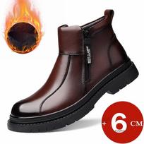 Men Cow Leather Height Increase Boots 6CM Side Zipper High Top Winter Elevator Shoes Warm Wool Fleece Lined Ankle Boots for Men 43 black