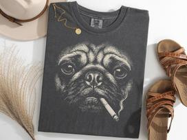 Pug Vintage Y2K Shirt, Smoking Puggie Meme Tee, Dog Lover Gift S gray