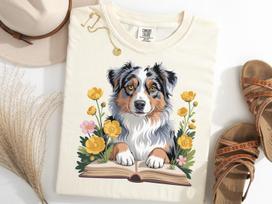 Australian Shepherd T Shirt, Dog Reading Book Shirt, Floral Dog Lover Tee, Cozy Aussie Dog Tee, Bookish Pet Owner Gift, Cute Dog Top M gray