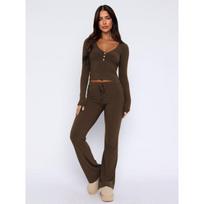 Women Cropped Fitted Button Long Sleeve Top Lace Up Long Pants Two Piece Casual Set M black