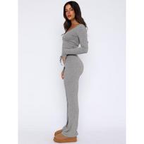 Women Cropped Fitted Button Long Sleeve Top Lace Up Long Pants Two Piece Casual Set XL gray