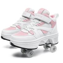Roller Skates Shoes 6-15 Years Old Four-wheel Deformation Can Walk Can Skate Skates Girl Runaway Shoes 36 rožinė/balta