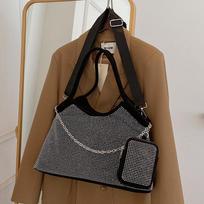 Fashionable Rhinestone Shoulder Bag with Shiny Finish and Small Pouch 43x10x30cm black