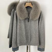 Womens Short Knit Cardigan With Real Fox Fur Collar Double Zipper Loose Fit Winter Outerwear Gray Gray Fox Fur Collar gray