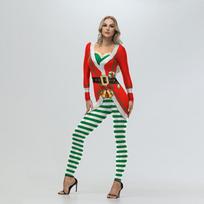 Women Christmas Bell Striped Digital Printing Onesie Halloween Cosplay Costume Tights Stage Performance Suit Color Red Green XL red