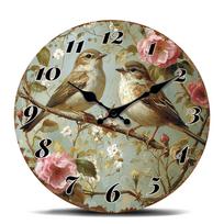 Vintage Birds on Branch Round Wall Clock, Floral Bird Themed Decorative Clock, Rustic Country Style Timepiece for Living Room De 16 inch beige