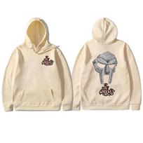 2026 MF DOOM Graphic Hoodie Hip Hop Rapper Mask Pattern Front Back Print Casual Long Sleeve Unis Oversized Streetwear Pullover Hooded Sweatshirt XXXL beige