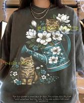Kittens Cats Animal Lover Floral Watering Can Spring Garden Comfort Colors® Tshirt, Vintage Illustration Feline Nature Tees, 2XL white