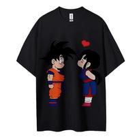 2026 Summer Dragon Ball Goku & Chichi Cute Couple Print Crew Neck T-Shirt Cotton Casual Tops for Men and Women T Shirt S black