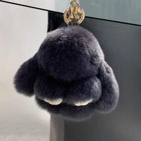 Cute Real Rabbit Fur Keychain: Plush Rabbit Pendant for Bags & Car. tamsiai pilka spalva