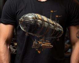 Steampunk Fantasy Dirigible Zeppelin Shirt, Victorian era clockwork brass steam powered invention machinery book flying machine designs 4XL black