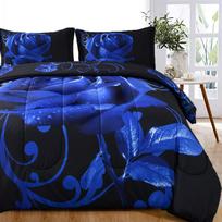 3pcs Blue Rose Pattern 2 Side Printed Bedding Set All Seasons, Soft Microfiber Filling Queen King Size Duvet Cover+2Pillowcases 140*200cm/55x79in Single/Twin 3pcs