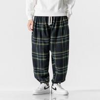 Autumn and Winter Style Hong Kong Style Large Size Woolen Pants Harlen Plaid Pants Japanese Casual Pants Thickened Men's Feet 5XL black