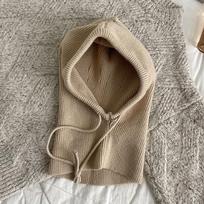Knitted Hooded Scarf Hat Knit Balaclava Hat Hooded Beanies Neck Scarf Bonnet Drawstring One-Piece Ear Protection Hooded Caps gray