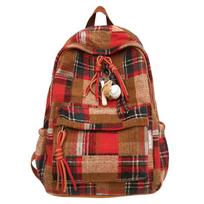 Schoolbag Autumn and Winter Plaid Woolen Backpack Girls Junior High School Students High School Students Large Capacity Versatile College Student without pendant raudona