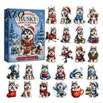 Christmas Party Favor Husky Advent Calendar 2026 with 24 Unique Acrylic Pendants for Tree Decorations, Hanging Decoration Cute Dog Themed Holiday A gray
