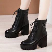 Coarse-heeled high-heeled Martin boots for women's 2026 autumn and winter new velvet lace-up medium boots waterproof high-heeled short boots 40 brown