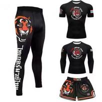 MMA Boxing Training Set Men Women - 4-Piece Athletic Wear With Short Sleeve Top Pants Belt Gloves Cover Quick-Dry XXL Recommended Height 175cm black