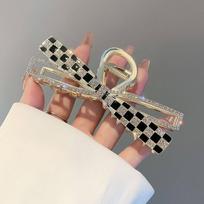 Drop Oil-encrusted Checkerboard Hollow Bow Grab Clip Fashionable Head Shark Clip Women's Accessories brown