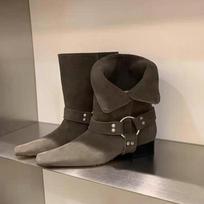Leather square head thick heel Martin boots women's new folded two wear suede locomotive boots 40 black