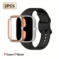 2 vnt. rinkinys, skirtas Redmi Watch 5/6, sportinis dirželis, krištolinis tuščiaviduris apsauginis dėklas, klasikinis verslo kvėpuojantis vientisos spalvos dirželis For Redmi Watch 5 black