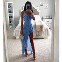 TKSHEIN sexy suspender irregular fungus edge solid color dress XL blue