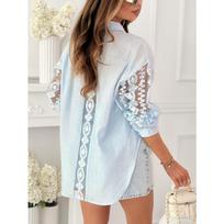 Women European Style Light Blue Lace Embroidery Cutout Long Sleeve Loose Shirt XL