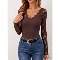 Women Scallop V Neck Lace Patchwork Long Sleeve T-shirt Slim Fit Elegant Casual Solid Top M