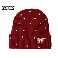 Gift for Her in Winter Sparkly Knitted Hat, Women Rhinestone Knit Hat with Faux Pearl Bow, Elastic Cold Weather Warm Stretch Cuffed Ribbed Skull brown