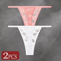 FINETOO 2Pcs/Set Women's Panties Lace Perspective Underpants Sexy Breathable Hollow Out G-string Thong Female Low Waist Sexy Lingerie XL black