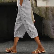 Women’s Casual Striped Button Side Cropped Pants, Lightweight Drawstring Waist Loose Fit Capri Trousers for Summer M gray