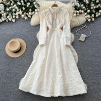 French heavy industry lace dress women's long-sleeved waist slim A-shaped long dress commuter elegant dress dress autumn XL gray