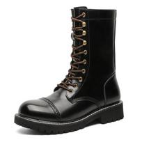 Retro Men'S Leather Boots Thick-Soled Martin Boots Trendy Men'S Recreational Locomotive Boots British Tooling Boots Round Head American Long Boots 41