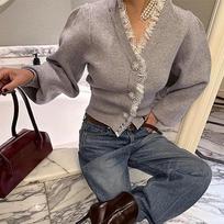 Vintage Red Knitted Cardigan Women Cropped Lace Black Sweater Outerwears Elegant Korean V Neck Knitwears Winter Design Jumpers One Size pilka