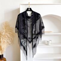 Solid Color Lace Triangle Shawl, Breathable Hollow Out Tassel Cape, Fashion Elegant Outer Wrap 180*75cm black